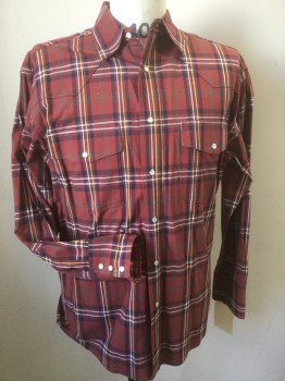 WRANGLER, Red, Navy Blue, Yellow, White, Gray, Cotton, Plaid, Snap Front, Long Sleeves, Western Yoke, 2 Pockets,