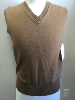 Mens, Sweater Vest, FACONNABLE, Lt Brown, Wool, Solid, S, V-neck, Pull Over