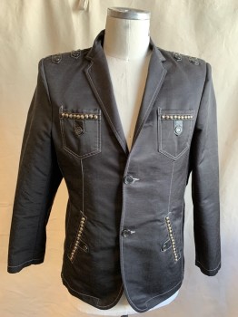 FERRETI, Black, Polyester, Cotton, Solid, Single Breasted, Collar Attached, Notched Lapel, White Stitching, 2 Buttons,  4 Pockets, Silver Rusted Rounded Stud Detail, Faux Tab Button Details, Attached Pleather Back Belt with Silver Rounded Stud Detail, *Pleather Details Beginning to Disintergate*