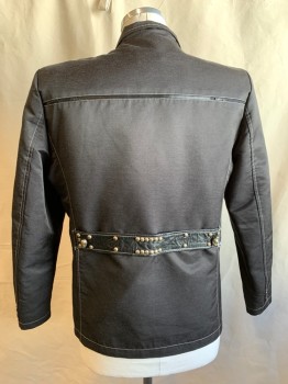 FERRETI, Black, Polyester, Cotton, Solid, Single Breasted, Collar Attached, Notched Lapel, White Stitching, 2 Buttons,  4 Pockets, Silver Rusted Rounded Stud Detail, Faux Tab Button Details, Attached Pleather Back Belt with Silver Rounded Stud Detail, *Pleather Details Beginning to Disintergate*