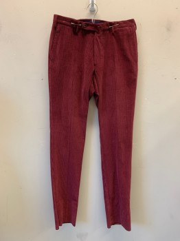 Mens, Slacks, INCOTEX, Wine Red, Cotton, Cashmere, Solid, Open, 33, Corduroy, Zip Fly, Button Tab Closure, 4 Pockets, + Watch Pocket