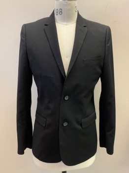 H&M, Black, Wool, Viscose, Solid, Notched Lapel, Single Breasted, Button Front, 2 Buttons, 3 Pockets