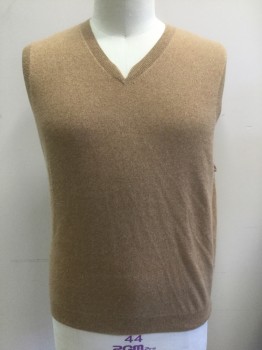 Mens, Sweater Vest, JOHN ASHFORD, Camel Brown, Cashmere, Solid, XL, Knit, Pullover, V-neck with Unusual Notch at Center