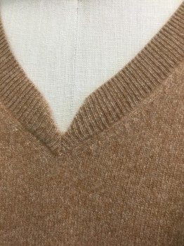 Mens, Sweater Vest, JOHN ASHFORD, Camel Brown, Cashmere, Solid, XL, Knit, Pullover, V-neck with Unusual Notch at Center