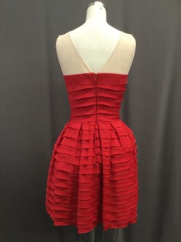 Womens, Cocktail Dress, BCBG, Red, Beige, Color Blocking, XS, Sleeveless Beige Chiffon Mesh With Rhinestone Flower Detail  Yoke, Bodice And Skirt Of Horizontal Strips Of Chiffon And Crepe. Above The Knee, Pleated, Zip Back, Multiples, Multiple,. Girl Group, Glee Club