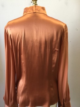 ELLEN TRACY , Burnt Orange, Silk, Solid, Satin, Stand Up Collar, Long Sleeves, Hidden Placket, Wide Cuffs W/covered Buttons