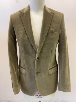 HUGO BOSS, Khaki Brown, Viscose, Rayon, Velvet, Peaked Lapel, Single Breasted, Button Front, 2 Buttons, 3 Pockets