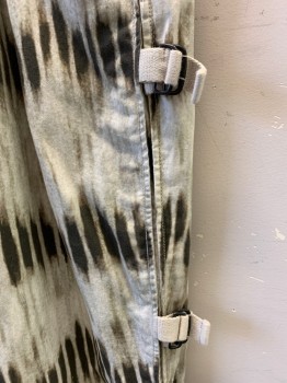 ISABEL MARANT, Ecru, Dk Brown, Cotton, Abstract , Double Pleats, Cuffed, Streaky Stripe Pattern, *added Gusset in Back, 2 Rear Pockets, Belted Tabs Down Outter Seams