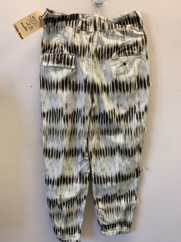 ISABEL MARANT, Ecru, Dk Brown, Cotton, Abstract , Double Pleats, Cuffed, Streaky Stripe Pattern, *added Gusset in Back, 2 Rear Pockets, Belted Tabs Down Outter Seams