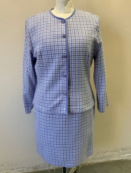 Womens, 1990s Vintage, Suit, Jacket, SAG HARBOR DRESS, Periwinkle Blue, White, Acrylic, Check , B:44, 4 Lavender and Gold Buttons, No Lapel, Periwinkle Grosgrain Edge at Round Neck and Front Opening, Padded Shoulders,