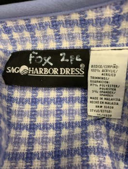 SAG HARBOR DRESS, Periwinkle Blue, White, Acrylic, Check , 4 Lavender and Gold Buttons, No Lapel, Periwinkle Grosgrain Edge at Round Neck and Front Opening, Padded Shoulders,