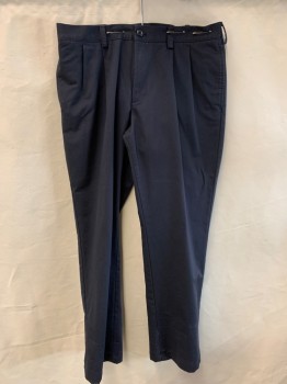 IZOD, Navy Blue, Cotton, Solid, Zip Front, Pleats 2 Slant Pockets, 2 Welt Pockets with Buttons
