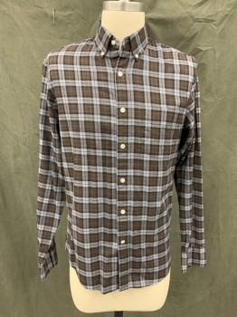 J. CREW, Brown, Blue-Gray, Black, Cotton, Plaid, Button Front, Button Down Collar, Collar Attached, Long Sleeves, Button Cuff, 1 Pocket, Slim Fit