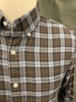 J. CREW, Brown, Blue-Gray, Black, Cotton, Plaid, Button Front, Button Down Collar, Collar Attached, Long Sleeves, Button Cuff, 1 Pocket, Slim Fit
