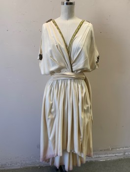 Womens, Historical Fiction Dress, N/L MTO, Off White, Gold, Linen, W:26, B:34, Wrapped Surplice V-neck with Gold Metallic Trim, Gold Studs at Shoulders, Cold Shoulder with Cutouts and Strap Around Arm,  Attached Gathered Belt at Waist, High Low Hem, Knee Length, Aged/Dirty Throughout, Made To Order