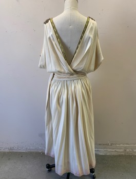 Womens, Historical Fiction Dress, N/L MTO, Off White, Gold, Linen, W:26, B:34, Wrapped Surplice V-neck with Gold Metallic Trim, Gold Studs at Shoulders, Cold Shoulder with Cutouts and Strap Around Arm,  Attached Gathered Belt at Waist, High Low Hem, Knee Length, Aged/Dirty Throughout, Made To Order