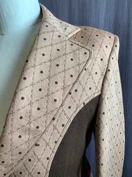 N/L, Caramel Brown, Dk Brown, Poly/Cotton, Diamonds, Color Blocking, 1970's, Double Knit, Diamond Pattern with Dot Centers, Single Breasted, Collar Attached, Peaked Lapel, 2 Pockets, Long Sleeves, Button Tab Cuff