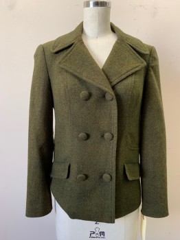 Womens, Blazer, NO LABEL, Olive Green, Wool, Synthetic, Solid, W 30, B 32, Notched Lapel, Collar Attached, Double Breasted, 6 Buttons, 2 Flap Pockets