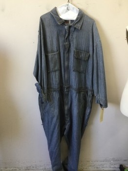 Mens, Coveralls/Jumpsuit, DICKIES, Blue, Off White, Cotton, Herringbone, 3XL, Aged/Distressed,  Long Sleeves,  Zip Front, Collar Attached, 6+ Pockets,