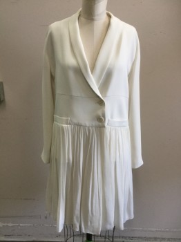 Womens, Dress, Long & 3/4 Sleeve, MORGANE LE FAY, Off White, Silk, Solid, B38, S, 2 Buttons,  Shawl Collar, 2 Pockets at Waist, Gathered Skirt, Raglan Sleeves,  Little Dirty at Shoulders Where Hanger is Touched. Lined
