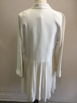 Womens, Dress, Long & 3/4 Sleeve, MORGANE LE FAY, Off White, Silk, Solid, B38, S, 2 Buttons,  Shawl Collar, 2 Pockets at Waist, Gathered Skirt, Raglan Sleeves,  Little Dirty at Shoulders Where Hanger is Touched. Lined