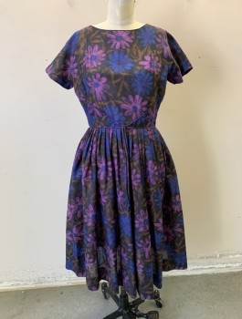 J.HARLAN ORIGINALS, Black, Purple, Royal Blue, Brown, Cotton, Floral, Short Sleeves, Round Neck, Triangular Panels at Waist with Self Fabric Tassles at Center Front, Pleated Below Waistband, Piping Along Seams, Knee Length, Center Back Zipper,