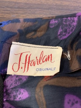 J.HARLAN ORIGINALS, Black, Purple, Royal Blue, Brown, Cotton, Floral, Short Sleeves, Round Neck, Triangular Panels at Waist with Self Fabric Tassles at Center Front, Pleated Below Waistband, Piping Along Seams, Knee Length, Center Back Zipper,