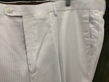 Mens, Suit, Pants, ANGELO ROSSI, White, Polyester, Rayon, Stripes - Shadow, Open, 45, Pleated Front, Zip Fly, Button Tab Closure, 4 Pockets, Belt Loops,