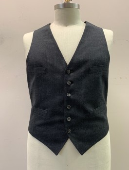 Mens, Suit, Vest, SCHAFFNER & MARX, Dk Gray, Gray, Wool, Heathered, Stripes - Pin, 44, Button Front, 4 Pockets, Late 70s Early 80s