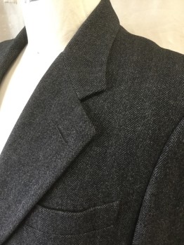 Mens, Coat, Overcoat, J.P. TILFORD, Charcoal Gray, Black, Wool, Herringbone, 46, Single Breasted, Collar Attached, Notched Lapel, 3 Pockets, Long Sleeves