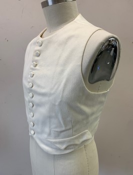 Mens, Historical Fiction Vest, N/L MTO, Cream, Wool, Solid, 42, Single Breasted, Self Fabric Covered Buttons, Round Neck, 2 Faux "Pockets" with Batwing Flap Detail, Short Waisted, Self Lacings/Ties in Back, Made To Order Reproduction