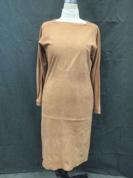 Womens, Dress, Long & 3/4 Sleeve, N/L, Caramel Brown, Lt Brown, Faux Leather, Solid, W 36, B 38, H 38, Suede, Square Neck with Light Brown Triangle Faux Leather Panels, Center Front Seam, Waist Seam, Below Hip Seam, Hem Below Knee, Long Sleeves, with Lt Brown Leather Button Cuff, 2 Button Back Neck