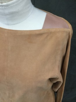 Womens, Dress, Long & 3/4 Sleeve, N/L, Caramel Brown, Lt Brown, Faux Leather, Solid, W 36, B 38, H 38, Suede, Square Neck with Light Brown Triangle Faux Leather Panels, Center Front Seam, Waist Seam, Below Hip Seam, Hem Below Knee, Long Sleeves, with Lt Brown Leather Button Cuff, 2 Button Back Neck
