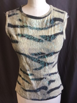 Womens, Top, JUST CAVALLI, Beige, Charcoal Gray, Gray, Gold, Teal Green, Cotton, Elastane, Animal Print, Leaves/Vines , S, Beige with Black/gray Tiger Stripes with  Iridescent Yellow/gold Paisley/leaves, Round Neck,  Sleeveless,