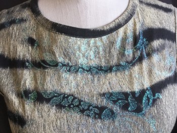 JUST CAVALLI, Beige, Charcoal Gray, Gray, Gold, Teal Green, Cotton, Elastane, Animal Print, Leaves/Vines , Beige with Black/gray Tiger Stripes with  Iridescent Yellow/gold Paisley/leaves, Round Neck,  Sleeveless,