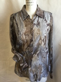 L'AGENCE, Dk Brown, Gray, Tan Brown, Slate Blue, Lt Brown, Cotton, Silk, Reptile/Snakeskin, Collar Attached, Button Front, Long Sleeves, Curved Hem
