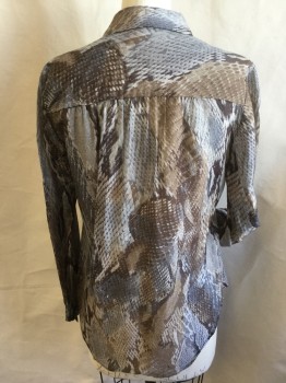 L'AGENCE, Dk Brown, Gray, Tan Brown, Slate Blue, Lt Brown, Cotton, Silk, Reptile/Snakeskin, Collar Attached, Button Front, Long Sleeves, Curved Hem