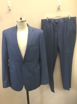 MATTARAZI, French Blue, Wool, Herringbone, Self Herringbone Pattern, Single Breasted, Notched Lapel, 2 Buttons, 3 Pockets, Lining Repaired At Neck From Bar Code Removal