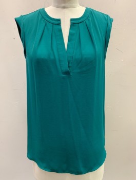 Womens, Blouse, J CREW, Teal Green, Polyester, Solid, 4, CN, with Split CF, Cuffed Armeyes, Inverted Box Pleat CB, Pull On,