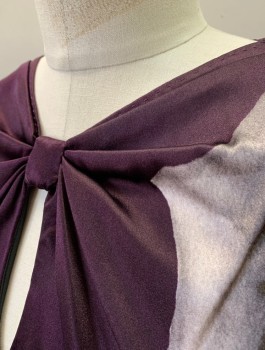 Womens, Top, ELIE TAHARI, Aubergine Purple, Gray, Black, Silk, Floral, S, Oversized Roses on Left Side, Satin, Cap Sleeves, Self Knotted Bow Detail at Neckline, Pullover, 1 Button at Back of Neck