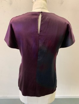 Womens, Top, ELIE TAHARI, Aubergine Purple, Gray, Black, Silk, Floral, S, Oversized Roses on Left Side, Satin, Cap Sleeves, Self Knotted Bow Detail at Neckline, Pullover, 1 Button at Back of Neck