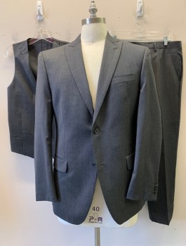 Mens, Suit, Jacket, ALFANI, Gray, Wool, Solid, 40R, 2 Button, Flap Pockets, Double Vent