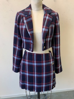 Womens, Suit, Jacket, FOREVER 21, Navy Blue, Lt Blue, Maroon Red, Polyester, Acrylic, Plaid-  Windowpane, S, Notched Lapel, 2 Silver Buttons, Cropped Length, Padded Shoulders