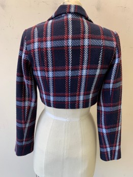 Womens, Suit, Jacket, FOREVER 21, Navy Blue, Lt Blue, Maroon Red, Polyester, Acrylic, Plaid-  Windowpane, S, Notched Lapel, 2 Silver Buttons, Cropped Length, Padded Shoulders