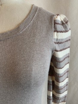 Womens, Pullover, MARC BY MARC JACOBS, Taupe, Cream, Gold, Cotton, Cashmere, Solid, Stripes, XS, Crew Neck, Stripe Long Sleeves, Ribbed