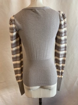 Womens, Pullover, MARC BY MARC JACOBS, Taupe, Cream, Gold, Cotton, Cashmere, Solid, Stripes, XS, Crew Neck, Stripe Long Sleeves, Ribbed
