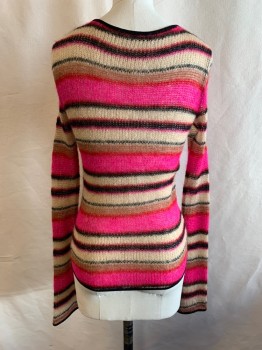Womens, Pullover, N/L, Hot Pink, Tan Brown, Brown, Black, Red, Wool, Stripes, XS, Scoop Neck, Keyhole Front, Bell Long Sleeve, Solid Black Trim