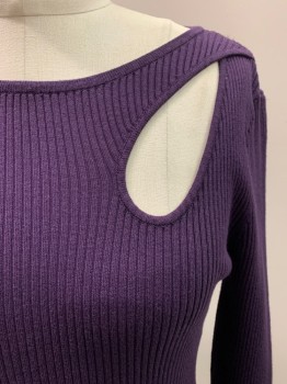 Womens, Top, INC, Dk Purple, Polyester, Solid, S, Round Neck, L/S, Cutout At Left Bust,