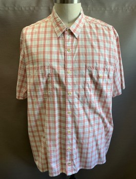 NAUTICA, White, Peach Orange, Blue, Yellow, Cotton, Plaid - Tattersall, Short Sleeves, Button Front, Collar Attached, 2 Patch Pockets