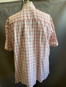 NAUTICA, White, Peach Orange, Blue, Yellow, Cotton, Plaid - Tattersall, Short Sleeves, Button Front, Collar Attached, 2 Patch Pockets